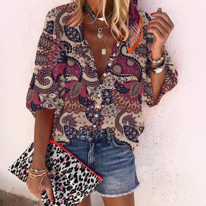 Loose-fit Button-up Retro Print Casual Shirt