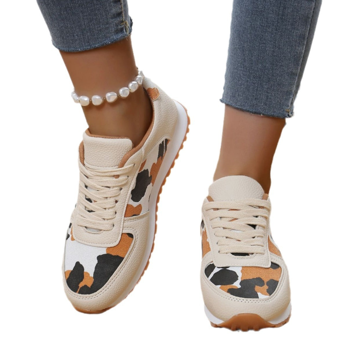 European And American Style Round Toe Thick Soled Color Blocked Low Top Sneakers