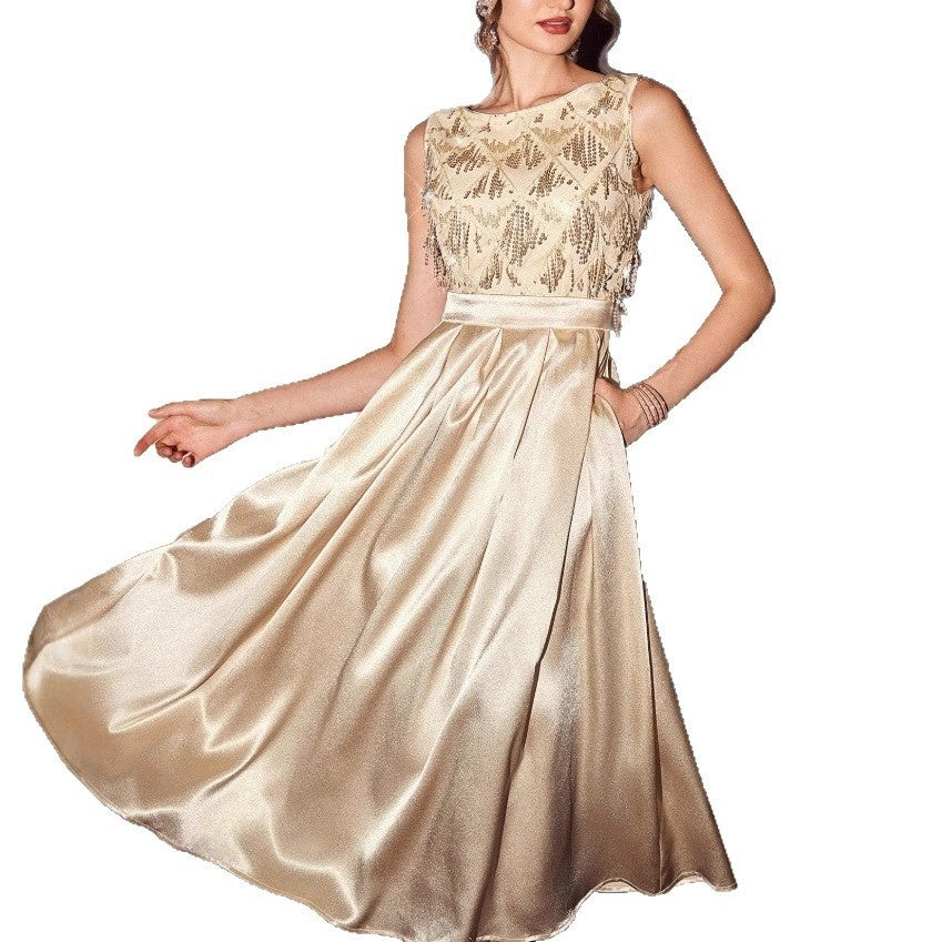 European And American-style Satin Sequin Long Evening Gown