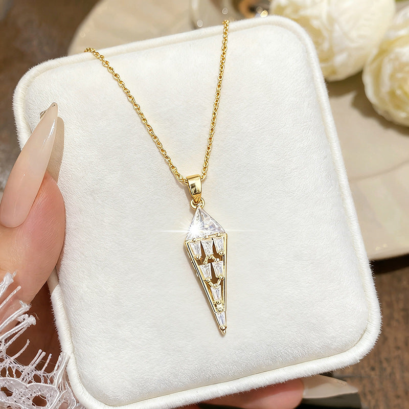 Womens Diamond-Shaped Triangle Zircon Titanium Steel Necklace