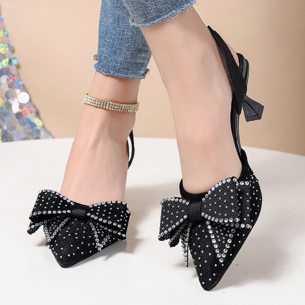 Elegant Rhinestone Pointed Toe Bow High Heels
