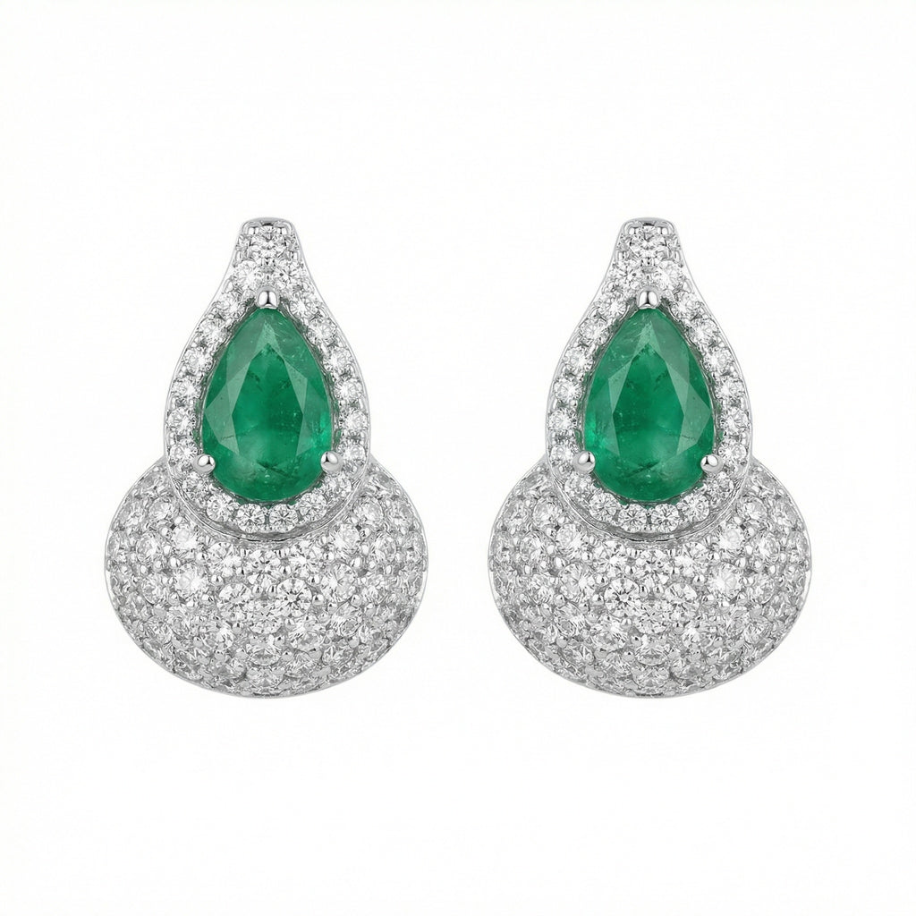 925 Sterling Silver Elegant Pear-Cut Emerald and Diamond Halo Teardrop Earrings with Shimmering Pavé Accents