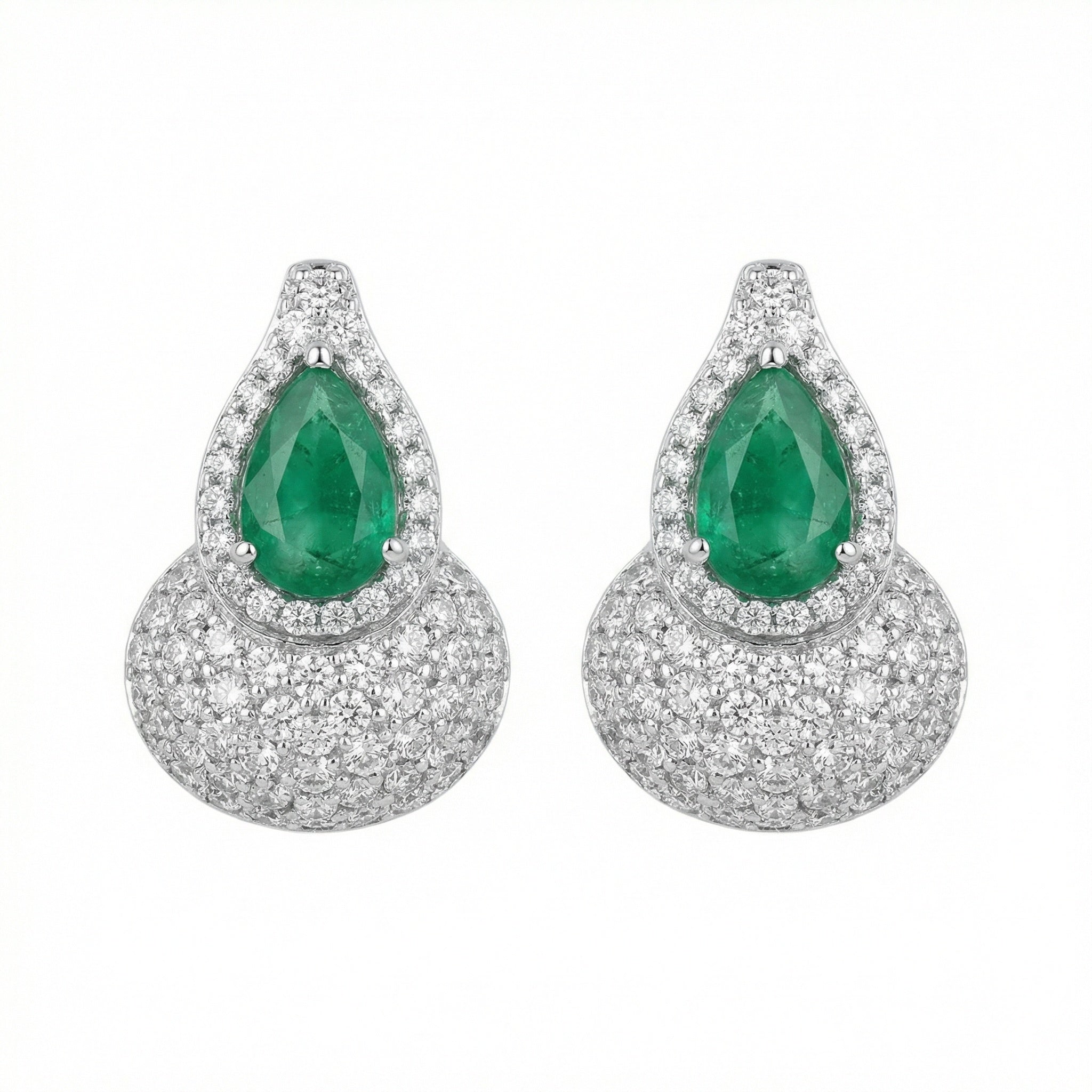 925 Sterling Silver Elegant Pear-Cut Emerald and Diamond Halo Teardrop Earrings with Shimmering Pavé Accents