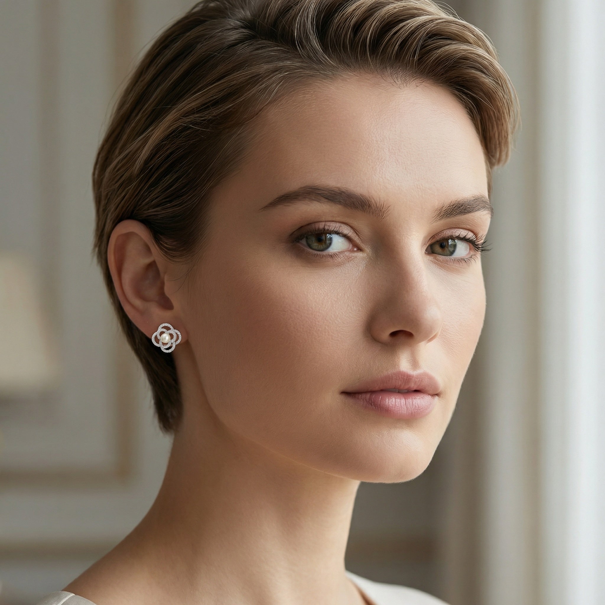 925 Sterling Silver Exquisite Pearl and Pave-Set Crystal Floral Stud Earrings in Silver