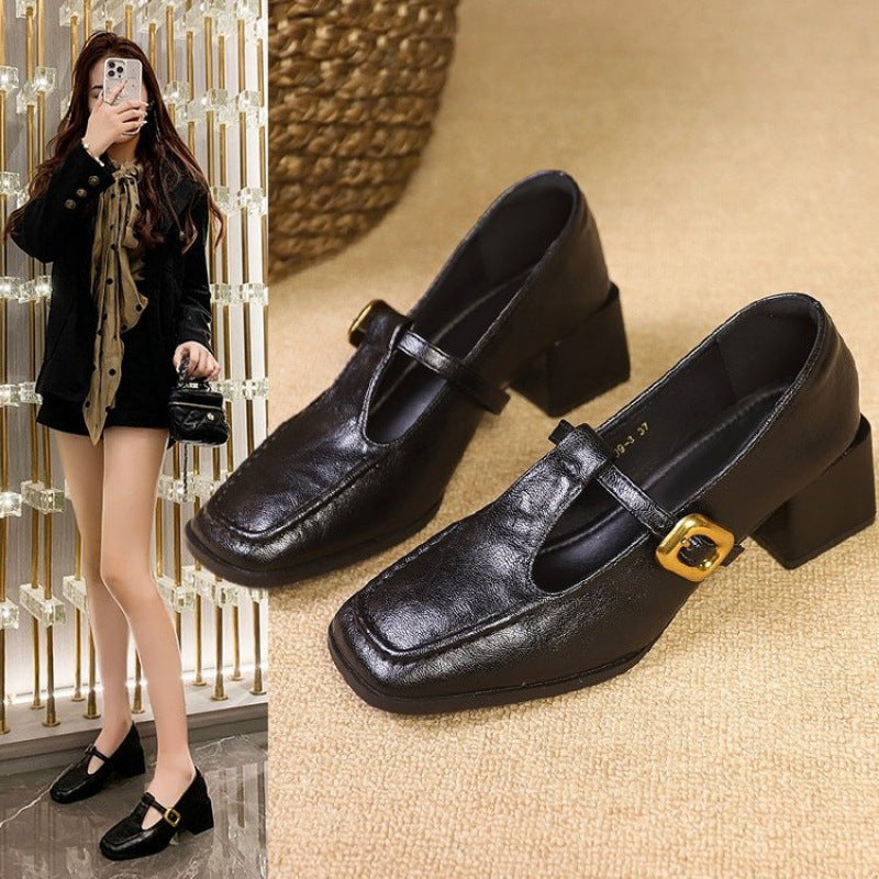 Retro Brown Designer Niche Mid-heel Chunky-heel Women's Shoes