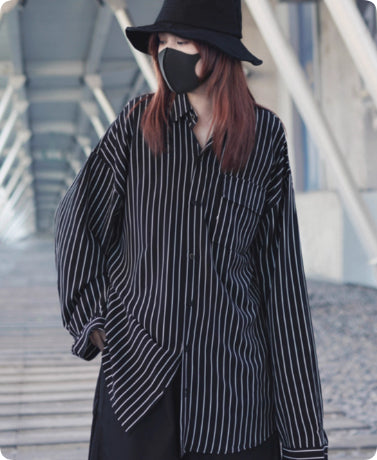 Black And White Striped Loose Long-sleeved Thin Shirt