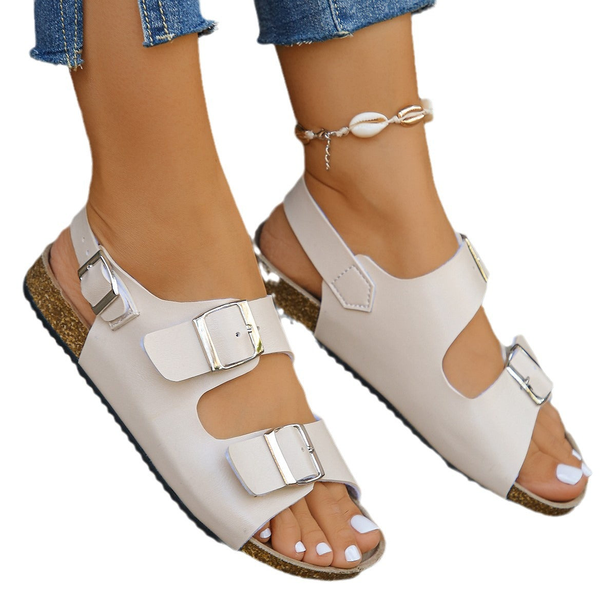 Women's Flat Sandals With A Square Buckle And Chunky Sole Casual Style