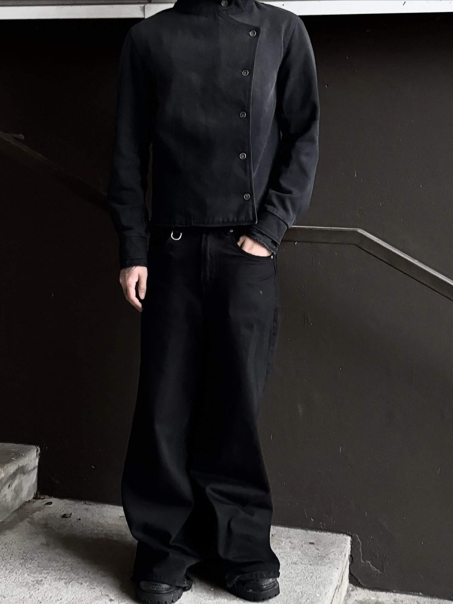 Black Asymmetrical Button Stand Collar Jacket
