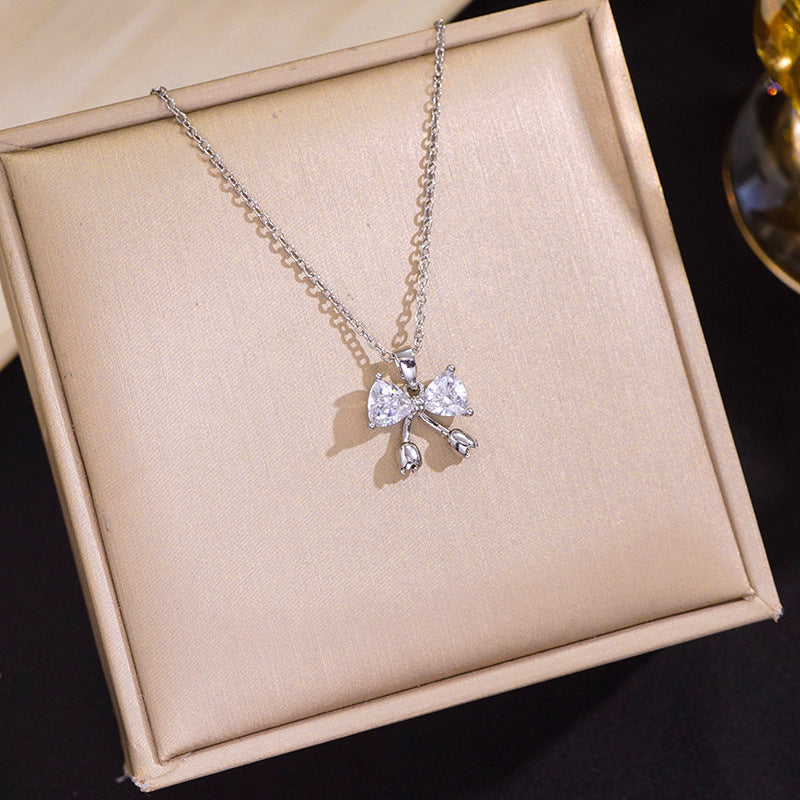 Womens Diamond-studded Titanium Steel Necklace With A Bow Design