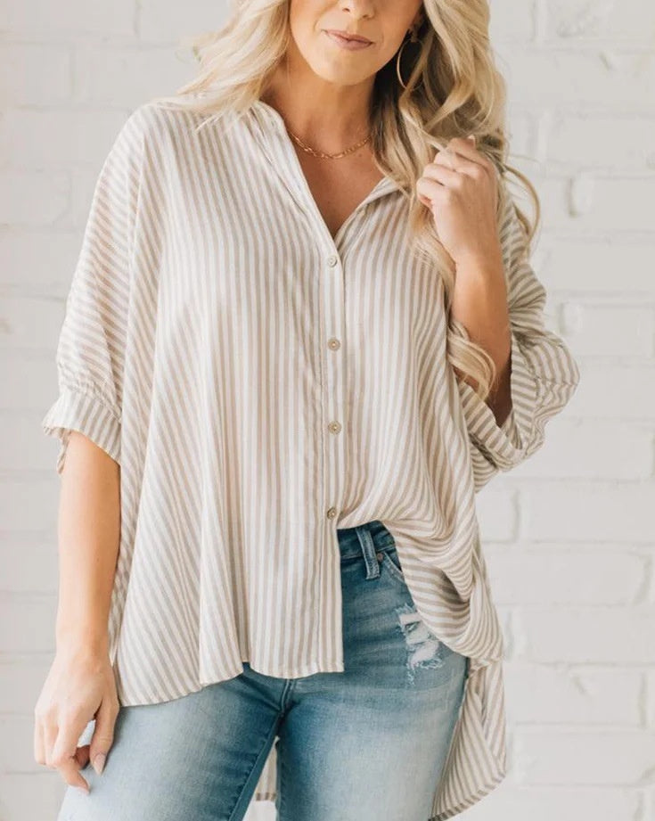Women's Striped Fashionable Loose-fit Three-quarter-sleeve Shirt