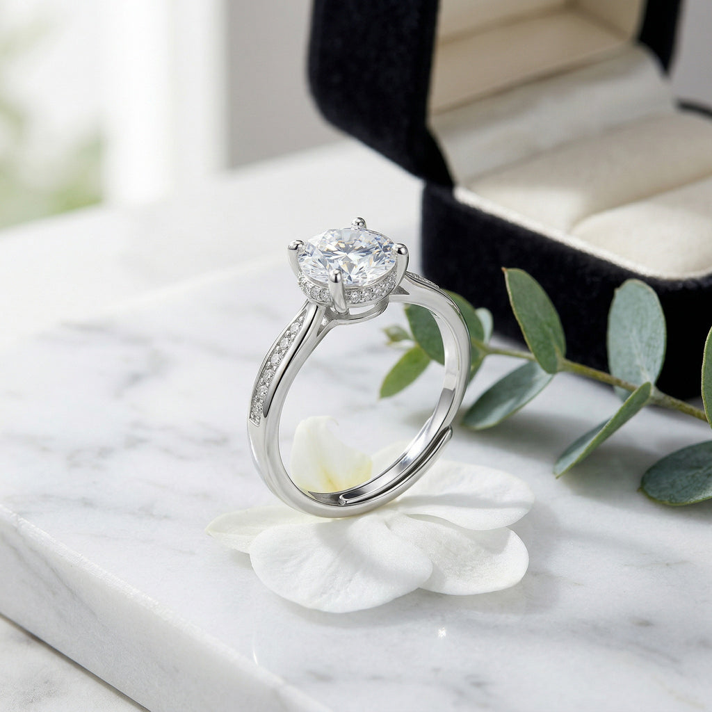925 Sterling Silver Elegant Round Brilliant Diamond Engagement Ring with Hidden Halo and Pavé Band