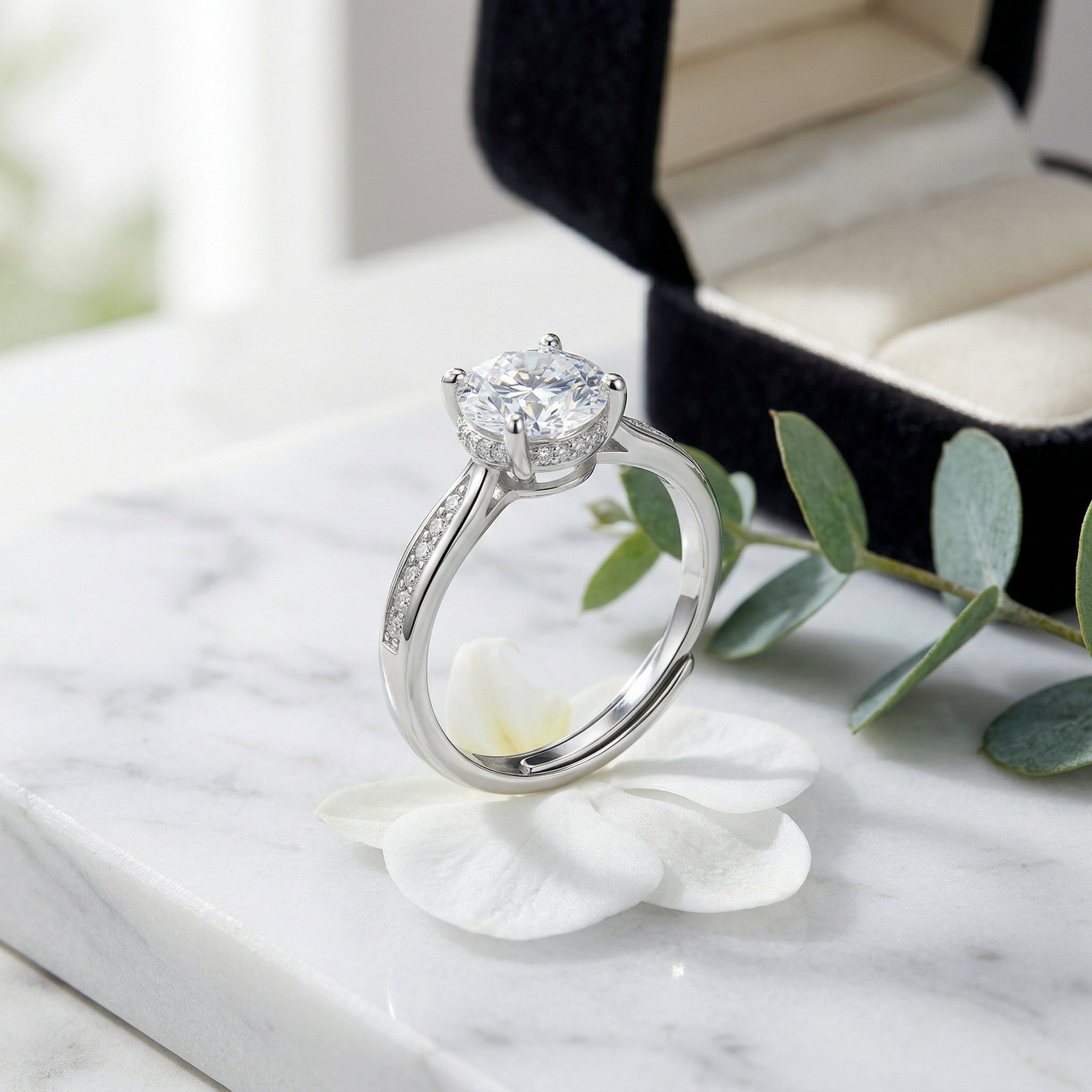 925 Sterling Silver Elegant Round Brilliant Diamond Engagement Ring with Hidden Halo and Pavé Band