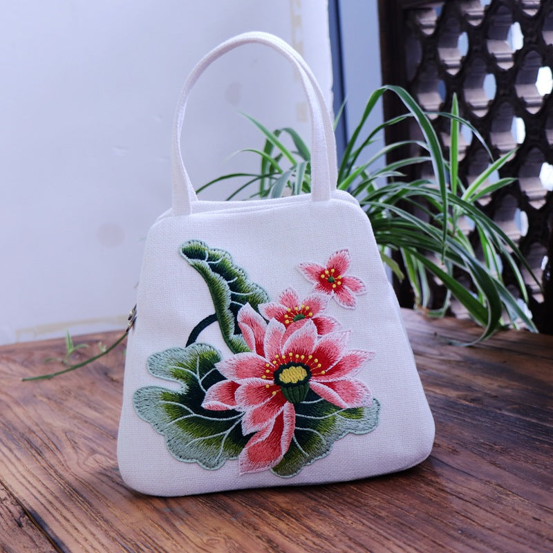 Ethnic-style Embroidered Floral Bag, Canvas Casual Bag, Handbag