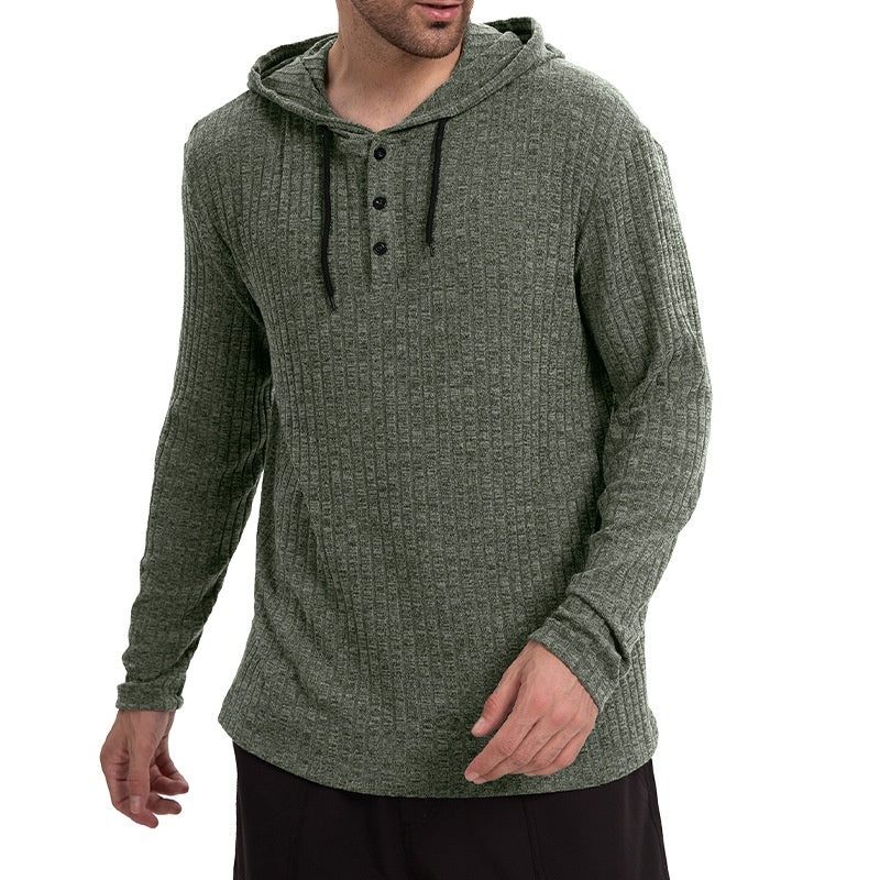 Long-sleeve Casual Pullover Hoodie With Drawstring And Buttons