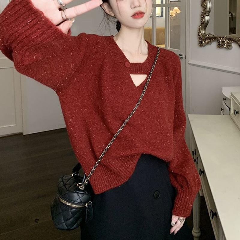 Knitted Sweater Women's AutumnWinter Korean-style Loose-fit Slimming Top With Exposed Collarbones And Long Sleeves