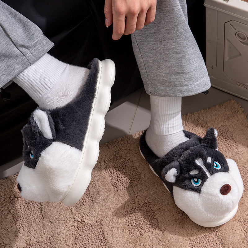 Cute Husky Cartoon Pure Cotton Slippers Men's Style Warm Indoor Slippers For Winter Home Use