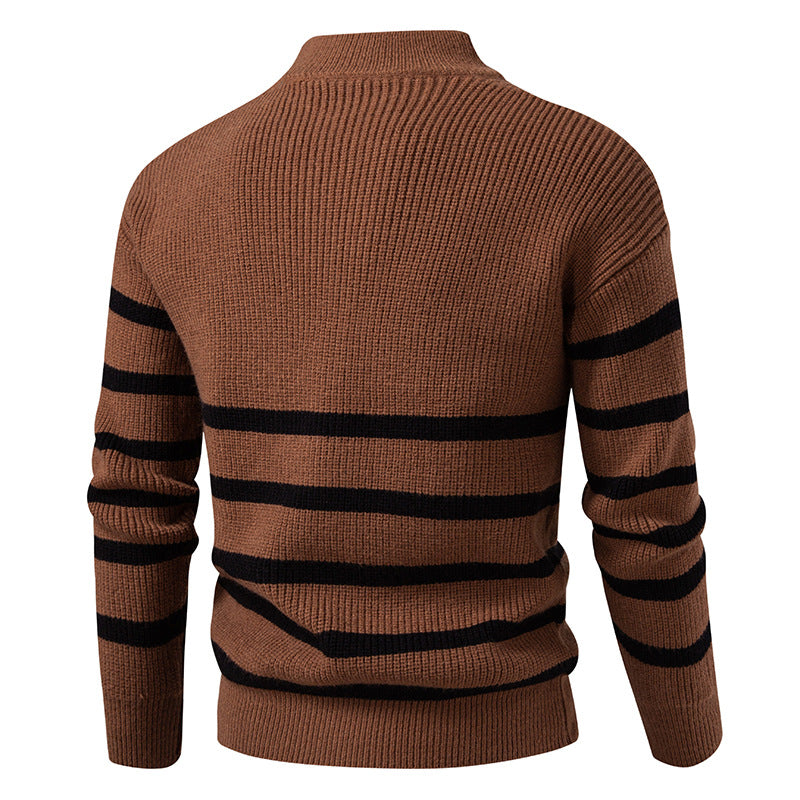 Oversize Zip-up Half-turtle Neck Color-block Striped Sweater For Men