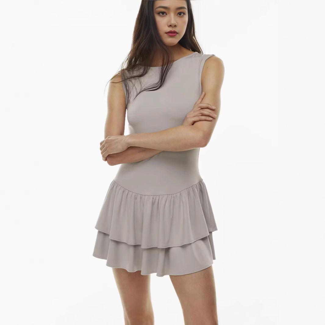 Women's Solid Color Ruffled Plain Knit Boat Neck Dress