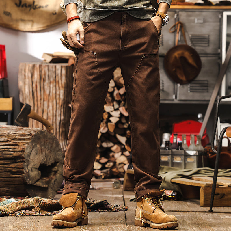 Retro Coffee-colored Denim Straight-leg Casual Trousers TRENDFLOW