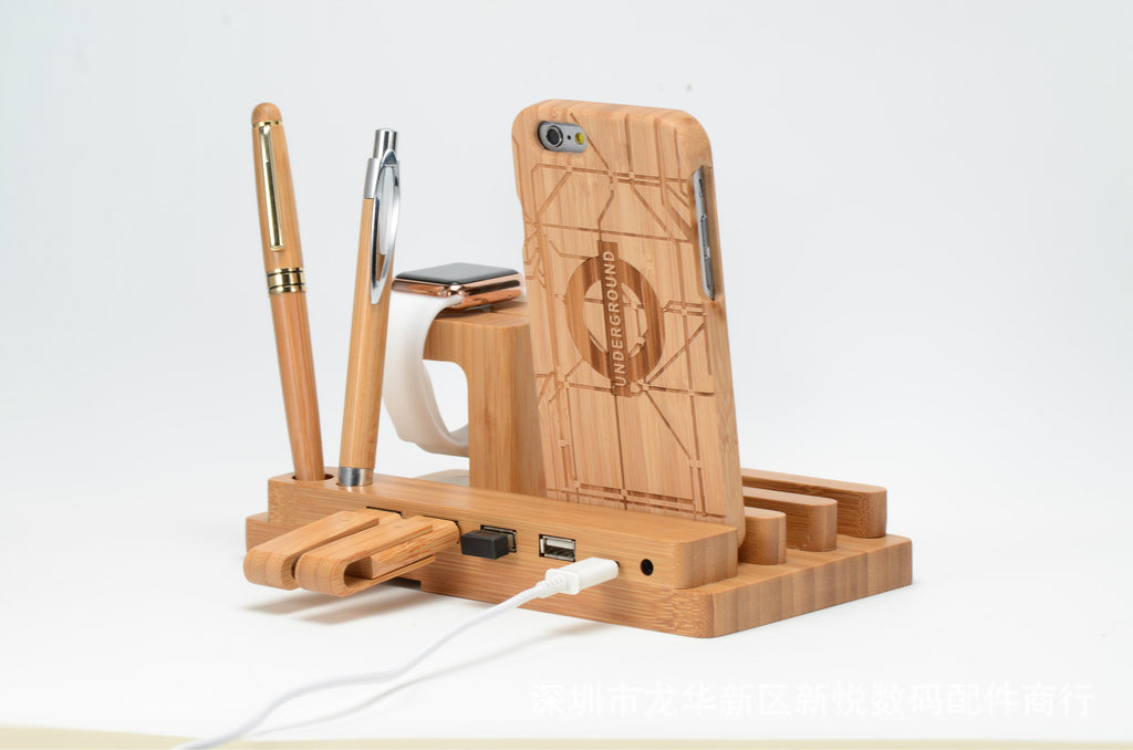 Compatibile con Apple, bambù, legno e supporto per Apple Watch, supporto in legno per la ricarica, base piatta multifunzione per telefono cellulare.