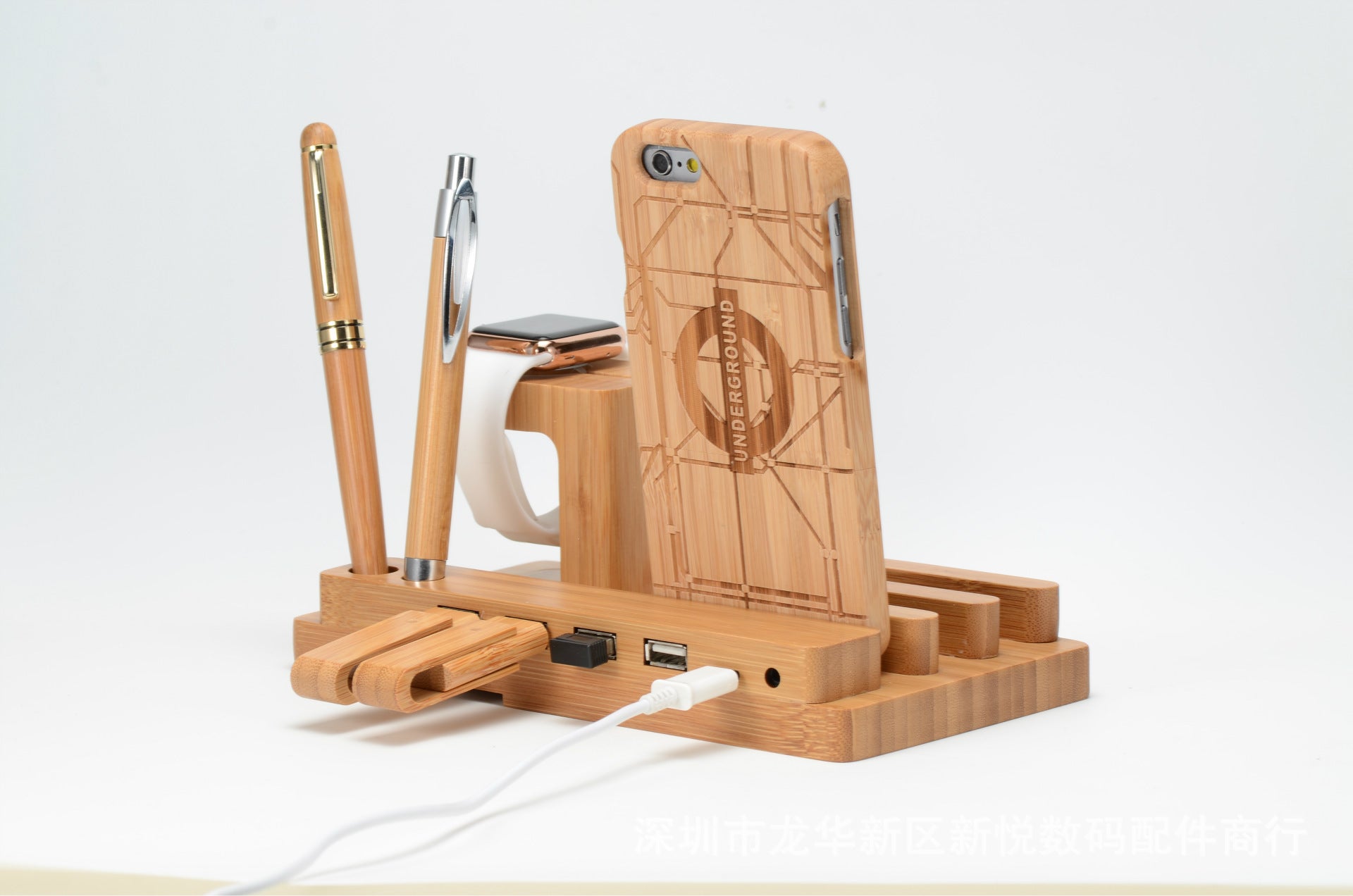 Compatibile con Apple, bambù, legno e supporto per Apple Watch, supporto in legno per la ricarica, base piatta multifunzione per telefono cellulare.