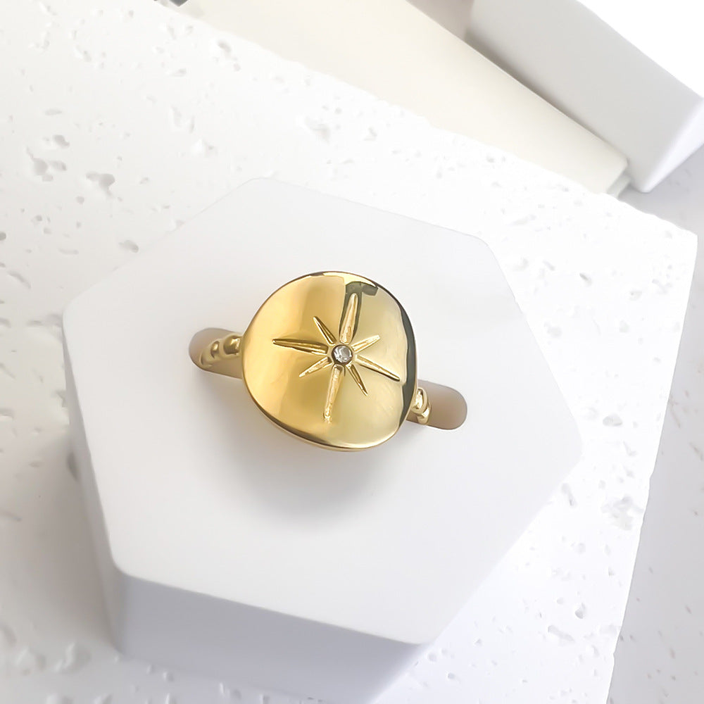 Sun Pattern Octagonal Star Diamond-Encrusted Stainless Steel Ring