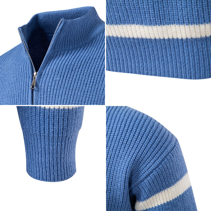 Oversize Zip-up Half-turtle Neck Color-block Striped Sweater For Men TRENDFLOW