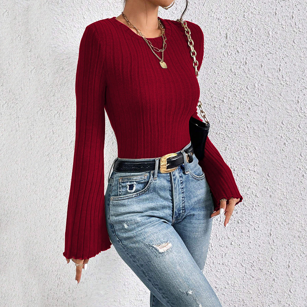 Round-neck Flared Sleeve Wine Red T-shirt Versatile Commuting Top