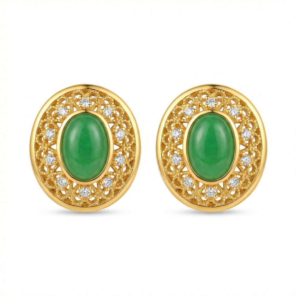 925 Sterling Silver Elegant Green Jadeite-Inspired Filigree Stud Earrings with Sparkling Diamond-Like Accents and Ornate Detailing