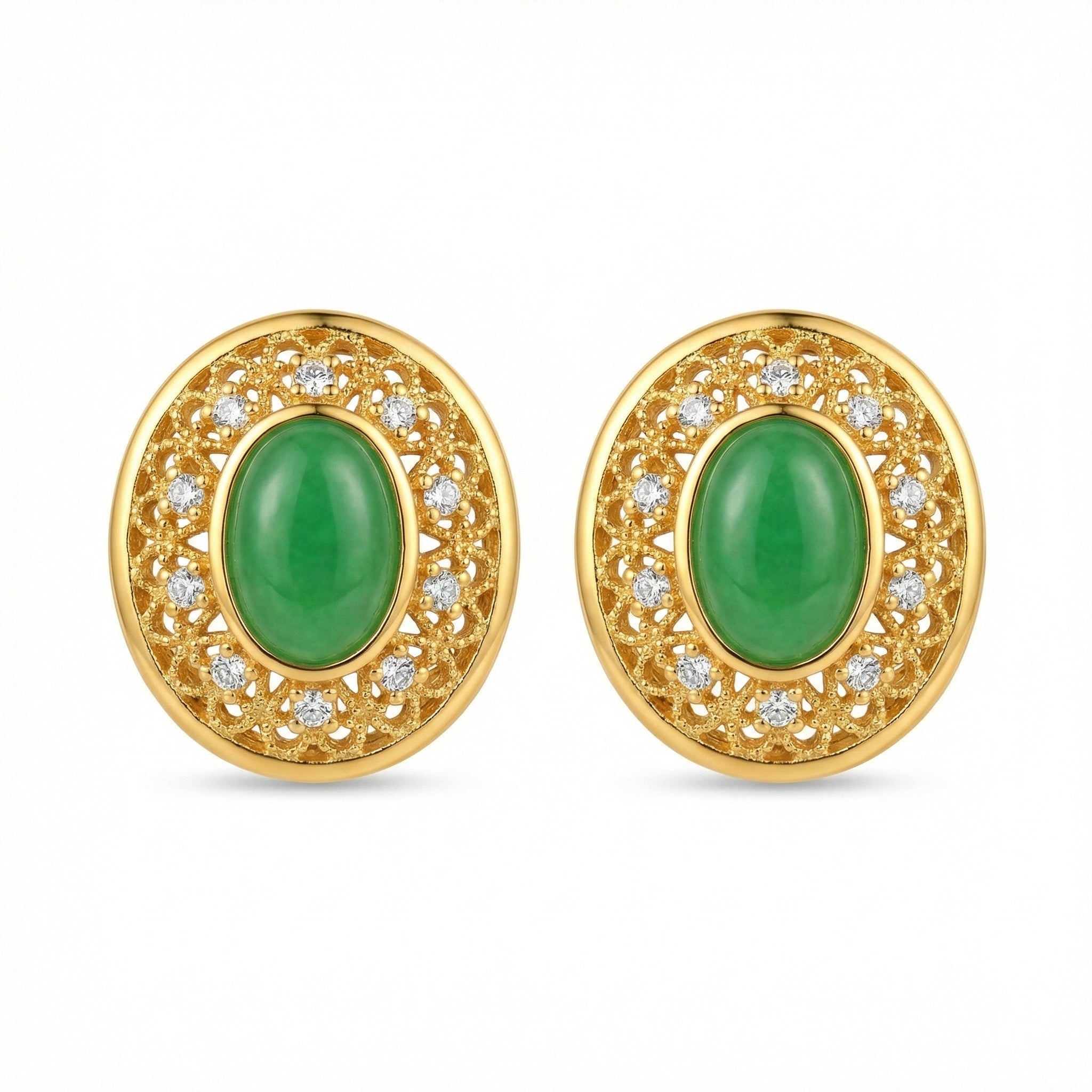 925 Sterling Silver Elegant Green Jadeite-Inspired Filigree Stud Earrings with Sparkling Diamond-Like Accents and Ornate Detailing