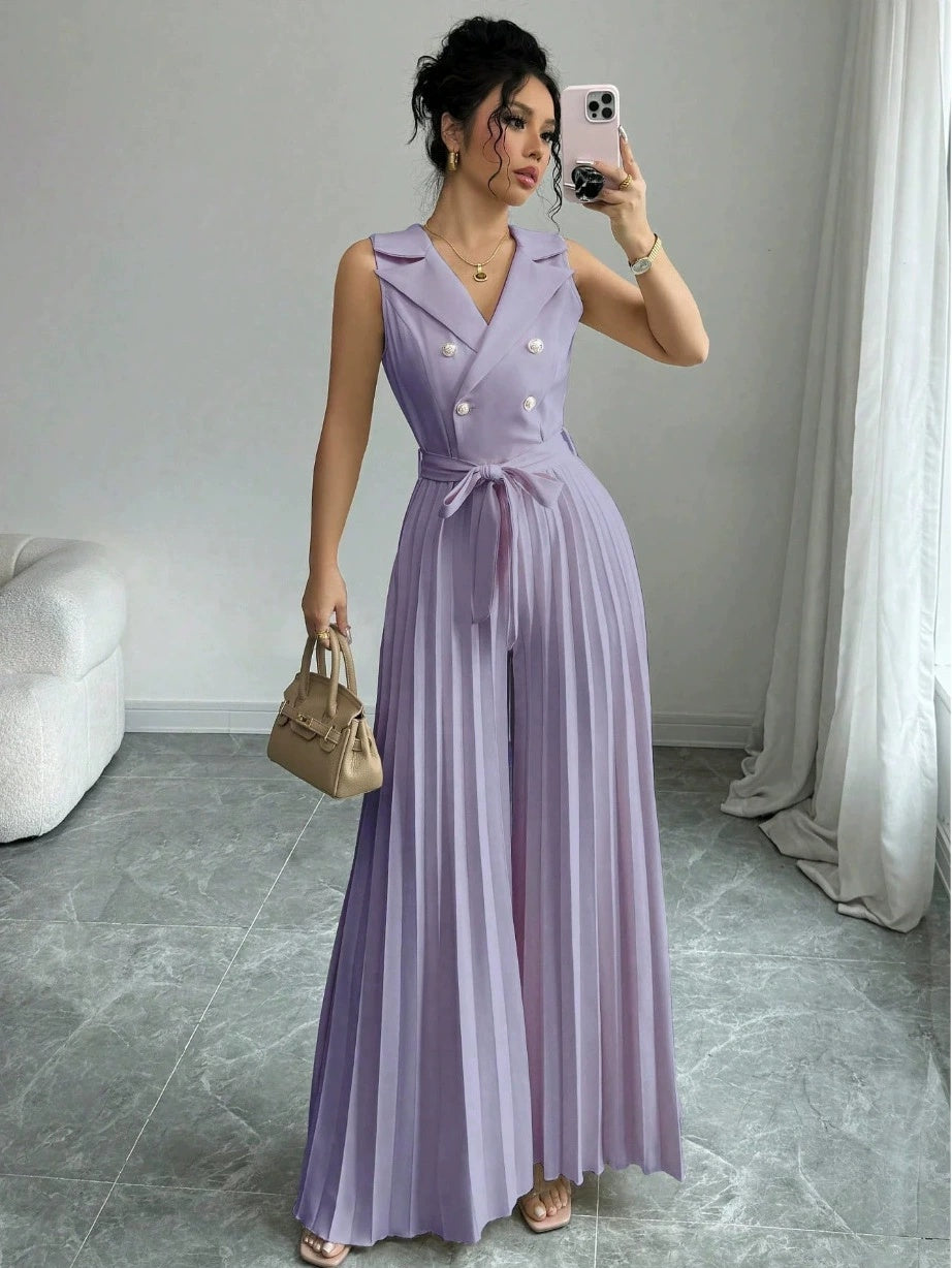 Suit Collar Bow Tie Belted Waist Pleated Jumpsuit