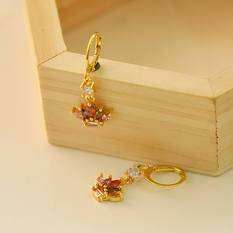 18k Gold-plated Crown Earrings With Colored Gemstones
