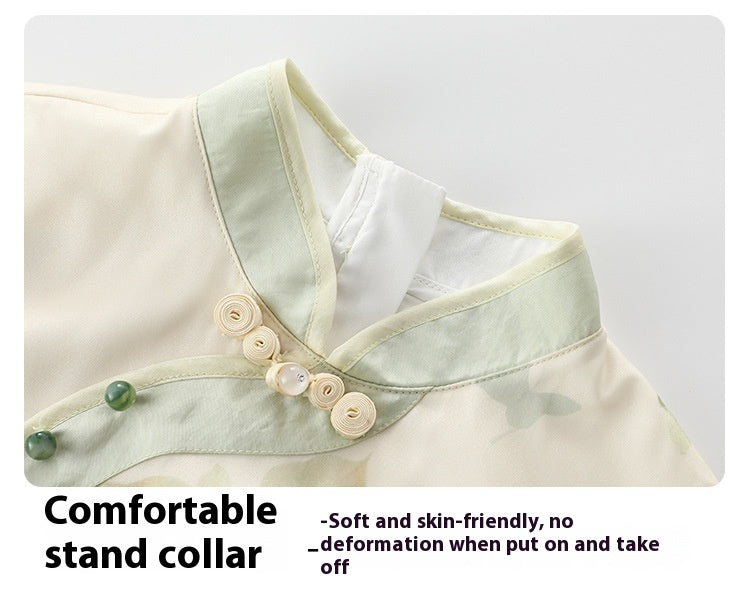 Girls Chinese Style Traditional Short Sleeve Horse-face Skirt Kids Clothes Two-piece Suit