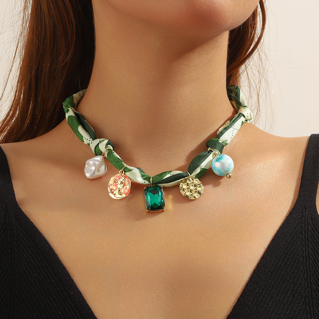 Long Strip Fabric Pearl Colored Silk Scarf Necklace