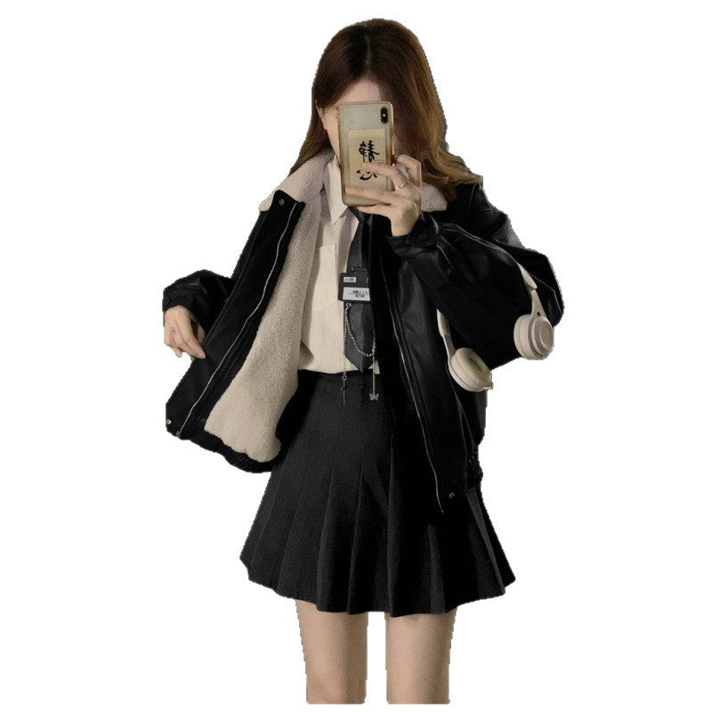 Women's Winter Lamb Fur Lapel Versatile Jacket Top