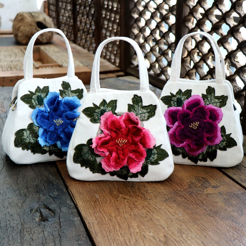 Ethnic-style Embroidered Floral Bag, Canvas Casual Bag, Handbag