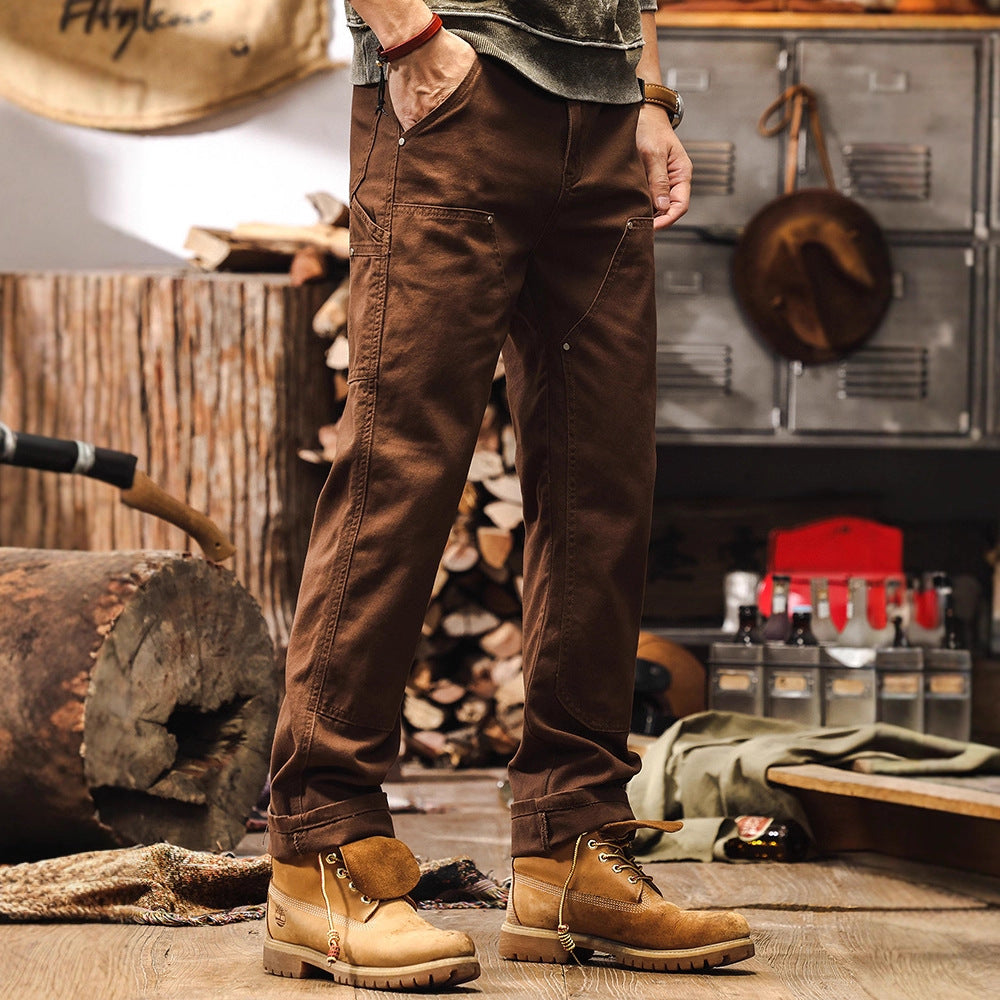 Retro Coffee-colored Denim Straight-leg Casual Trousers TRENDFLOW