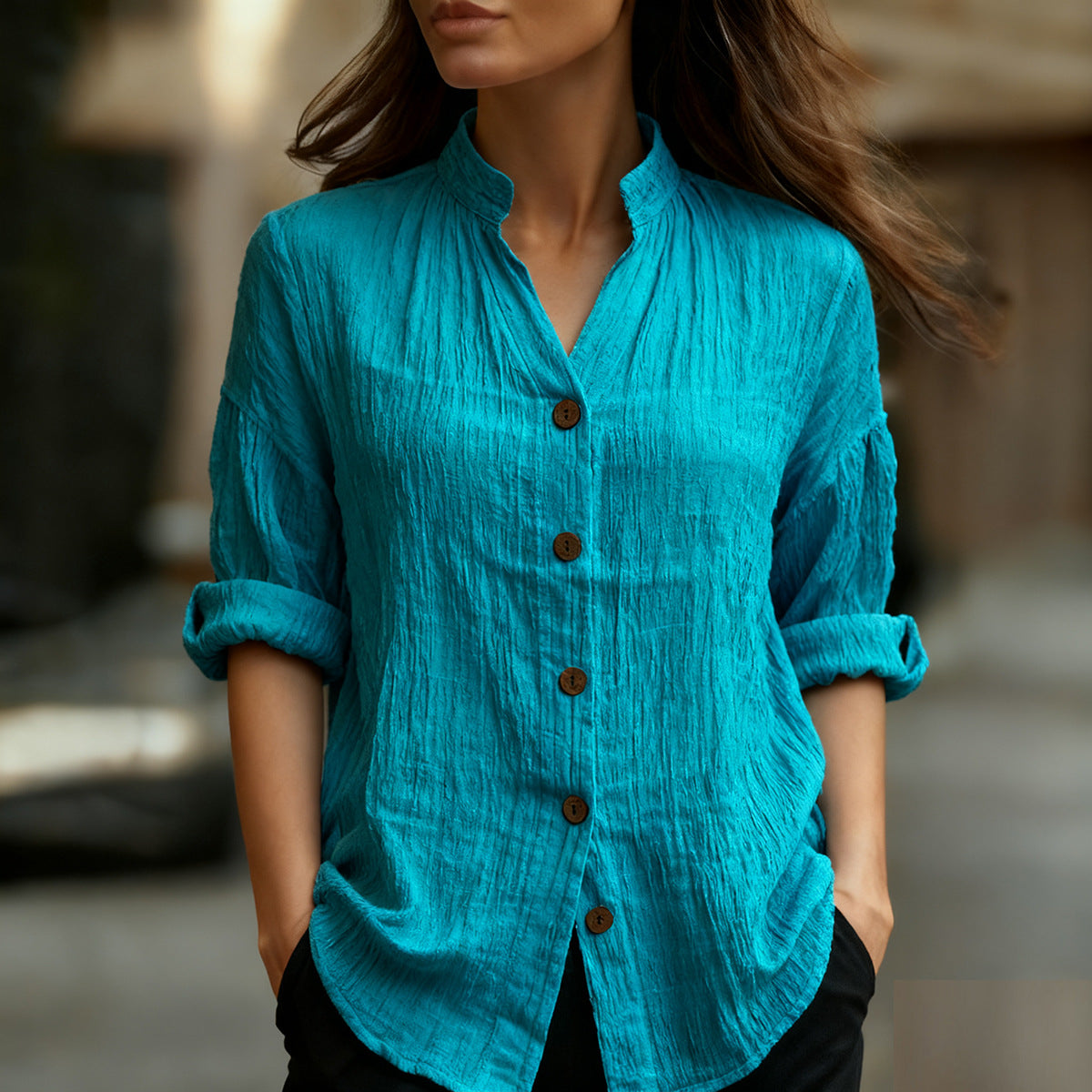 Spring And Summer Casual Solid Color Long Sleeve Button-up Shirt
