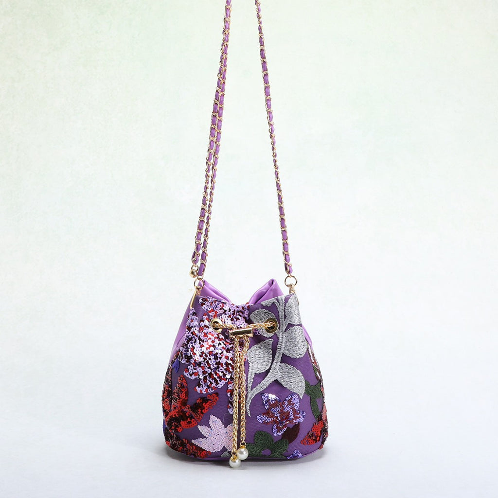 Bucket Bag With Mesh Patchwork Contrasting Colors Drawstring And Chain Strap