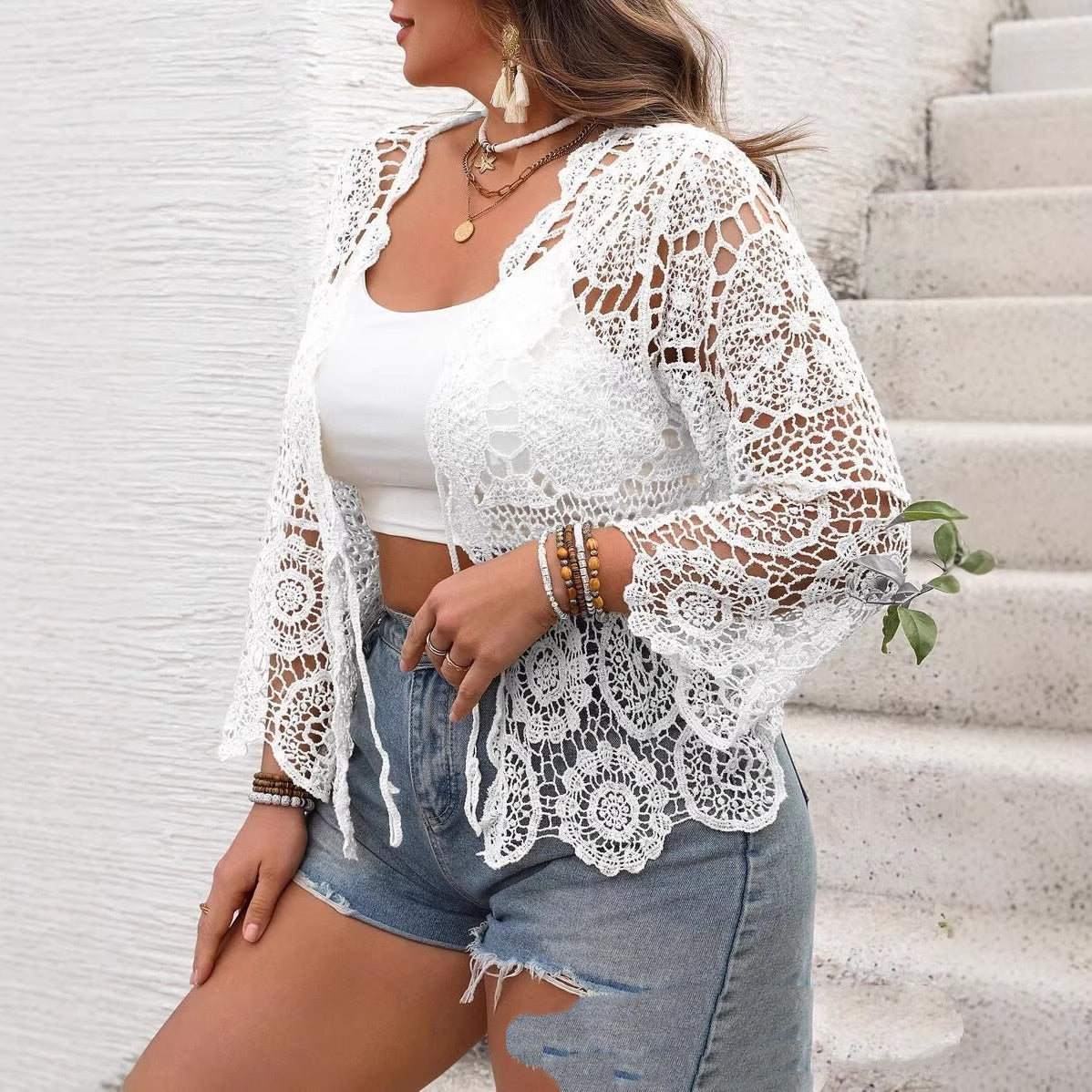 Bohemian Cutout Crochet Lace Sun-Protective Blouse