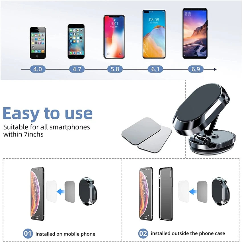 Supporto magnetico per telefono da auto in metallo girevole, pieghevole, universale, per telefono cellulare, supporto magnetico per bocchette dell'aria, supporto GPS