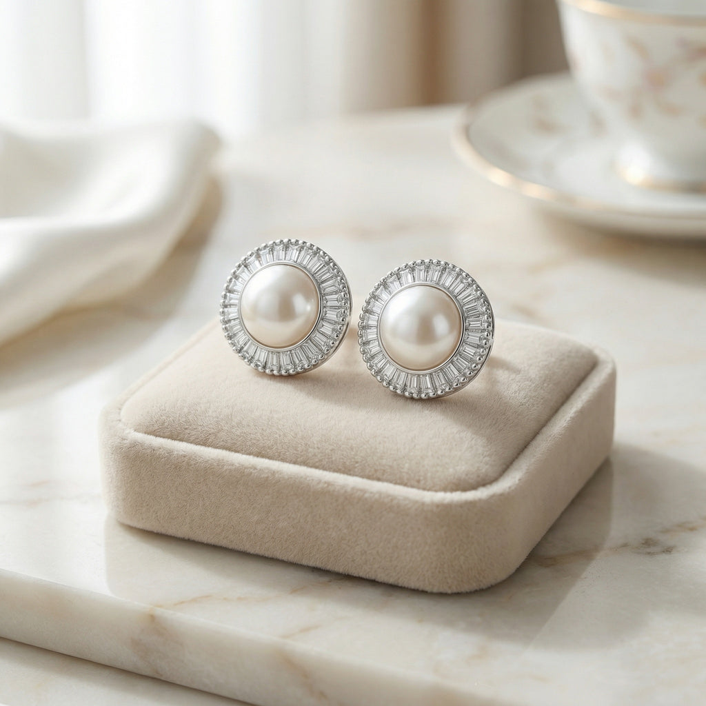925 Sterling Silver Classic White Pearl Stud Earrings with Sparkling Baguette Halo in Sterling Silver