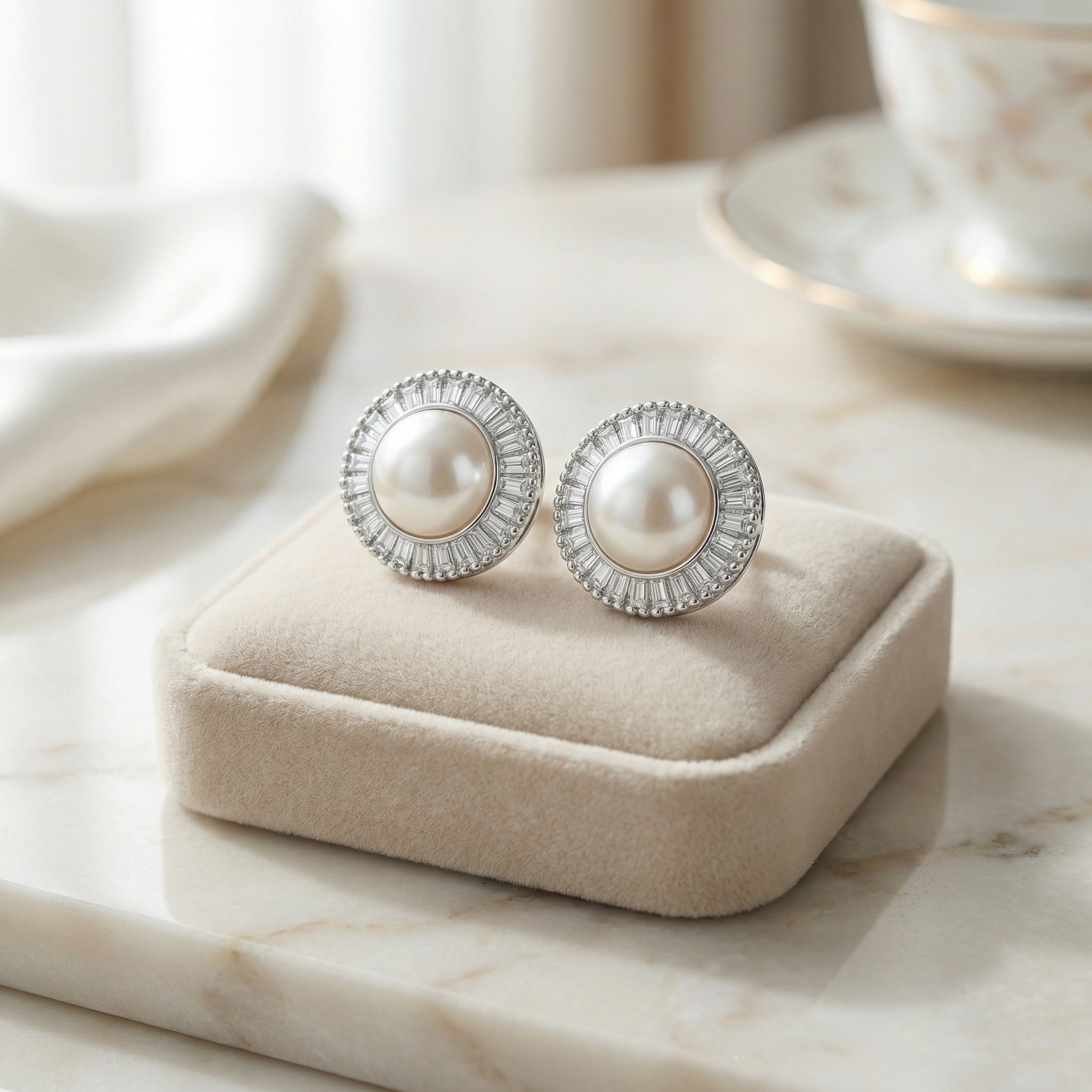 925 Sterling Silver Classic White Pearl Stud Earrings with Sparkling Baguette Halo in Sterling Silver