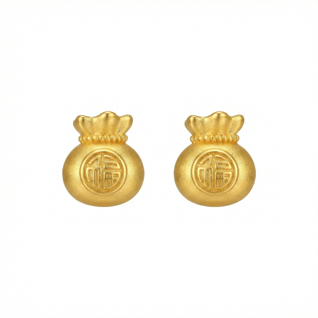 925 Sterling Silver Prosperity Money Bag Studs with Red Fu Character Blessing