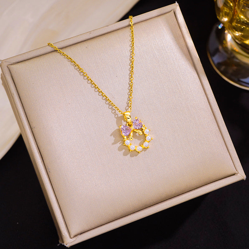 Womens Titanium Steel Necklace With Pink Diamond-Inlaid Bow And Pearl Combinations