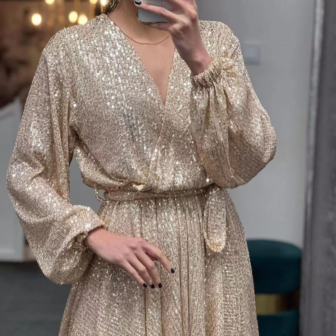 Women's Casual Versatile Solid Color V-Neck Sequin Dress