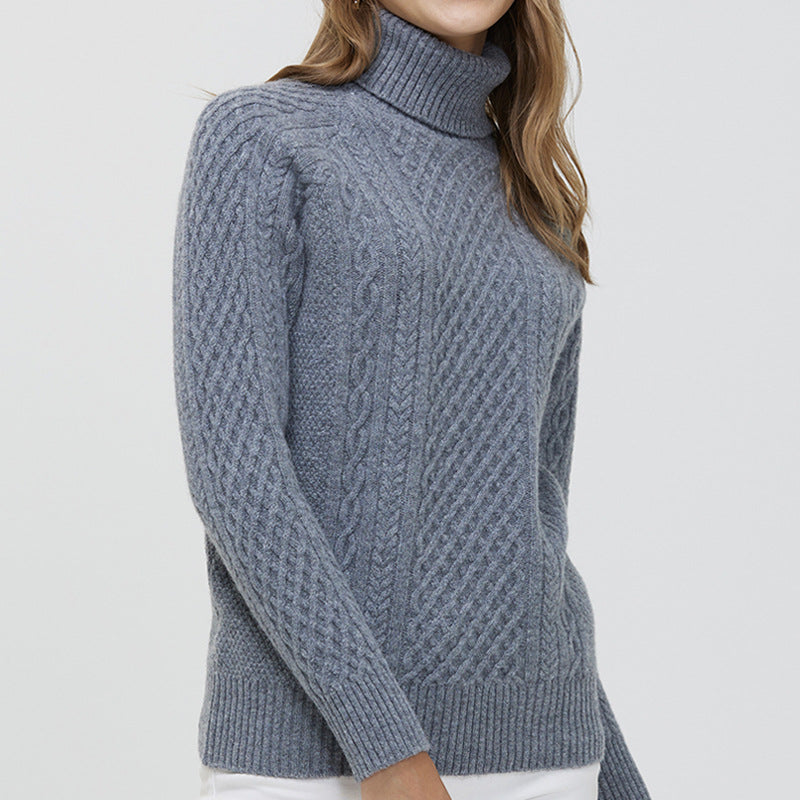 Women's High-neck Cable Knit Wool Sweater