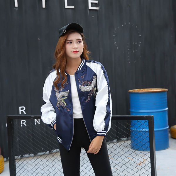 Winter Couple Crane Embroidery Jacket Coat Baseball Uniform