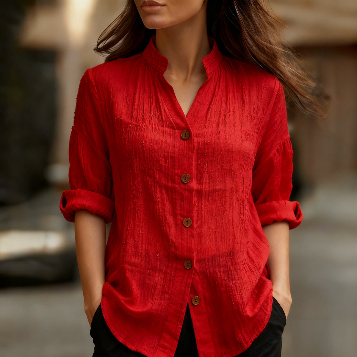 Spring And Summer Casual Solid Color Long Sleeve Button-up Shirt