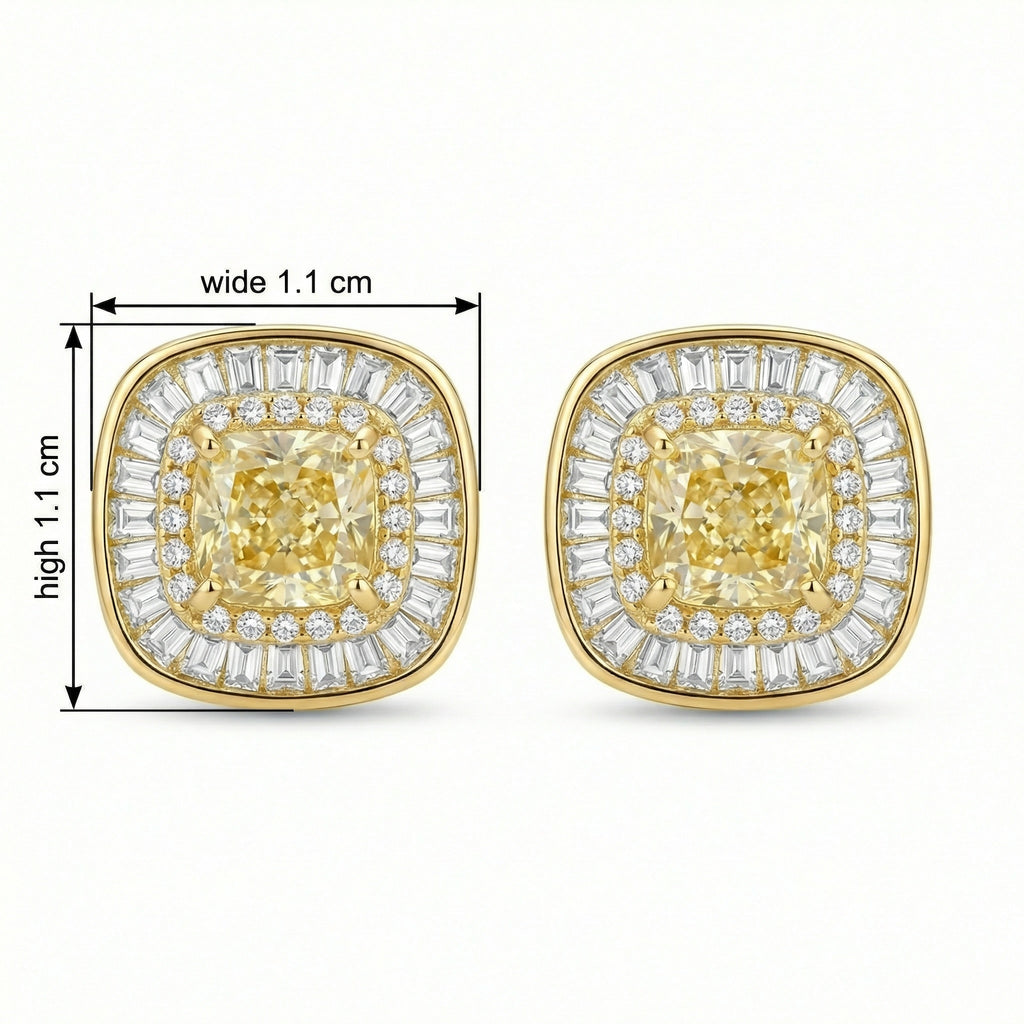 925 Sterling Silver Cushion Canary Gemstone Double Halo Baguette Border Stud Earrings
